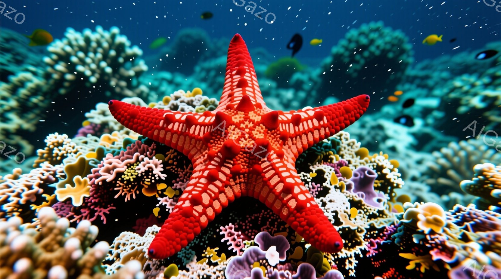 鮮やかな赤色のヒトデが、カラフルな珊瑚礁の中に浮かび上がっている。珊瑚は紫、ピンク、白、黄色など様々な色合いで、まるで水中庭園のようだ。背景は青く、小さな魚たちが点在し、活気のある海洋の雰囲気を醸し出している。