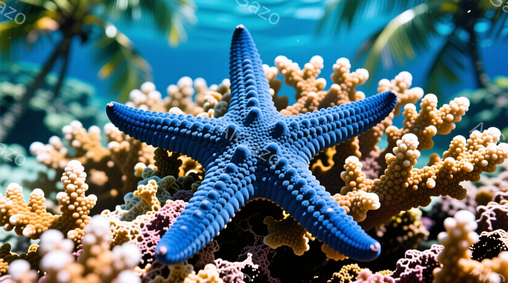 深い青色の星形のヒトデが、オレンジやピンク色のサンゴ礁の中に存在感を示している。背景には、ぼやけた緑色のヤシの葉が見え、水中の太陽光が差し込んでいる様子が伺える。全体的に鮮やかで、暖かい海中の雰囲気が - AI生成フリー素材