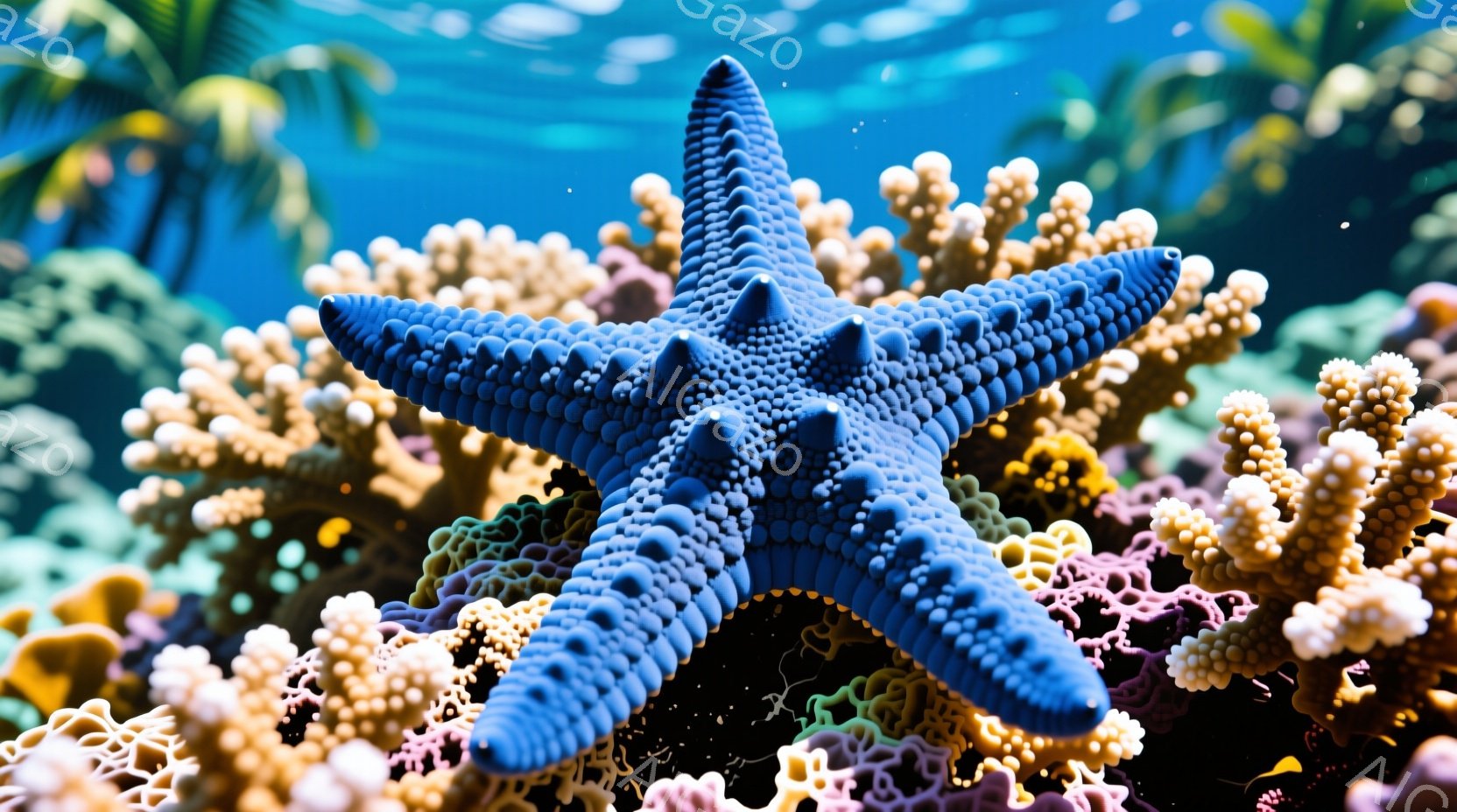 深い青色のユニークな形状をしたヒトデが、ピンクやオレンジ色のサンゴ礁の中に浮かび上がっています。サンゴは様々な形と色合いで、背景にはぼんやりと水中の光が差し込み、静かで幻想的な雰囲気を醸し出しています - AI生成フリー素材