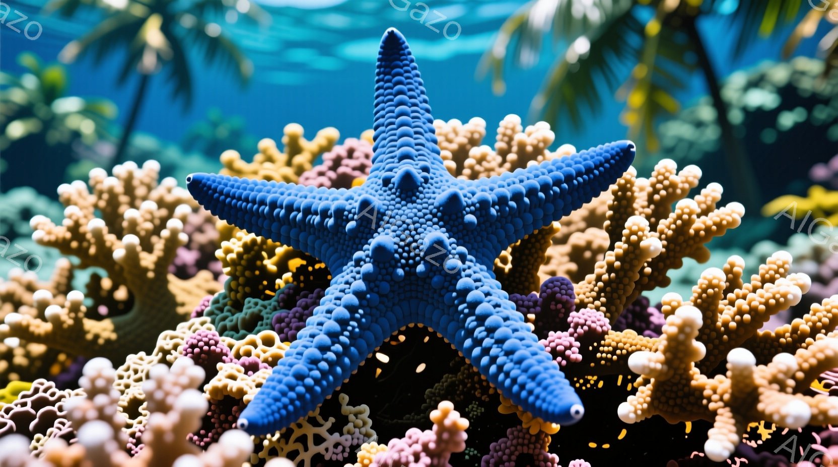 鮮やかなコバルトブルー色のヒトデが、オレンジやピンク、紫色のサンゴ礁の中に浮かんでいます。海底には光が差し込み、サンゴ礁のテクスチャが強調されています。背景はぼやけており、穏やかな海中世界の雰囲気が漂っています。