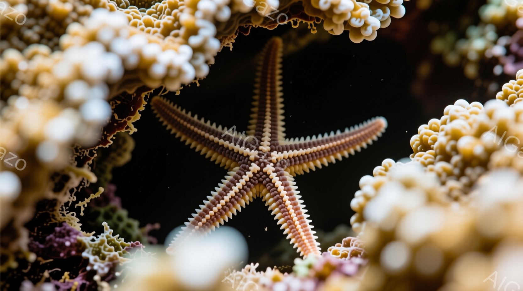 黒い背景に、複雑な模様を持つ星形のヒトデが中央に配置されている。ヒトデの周囲には、さまざまな色合いのサンゴが密集しており、まるでフレームのようにヒトデを囲んでいる。深海を思わせる暗く神秘的な雰囲気が漂い、サンゴのテクスチャとヒトデの繊細な模様が美しいコントラストを生み出している。