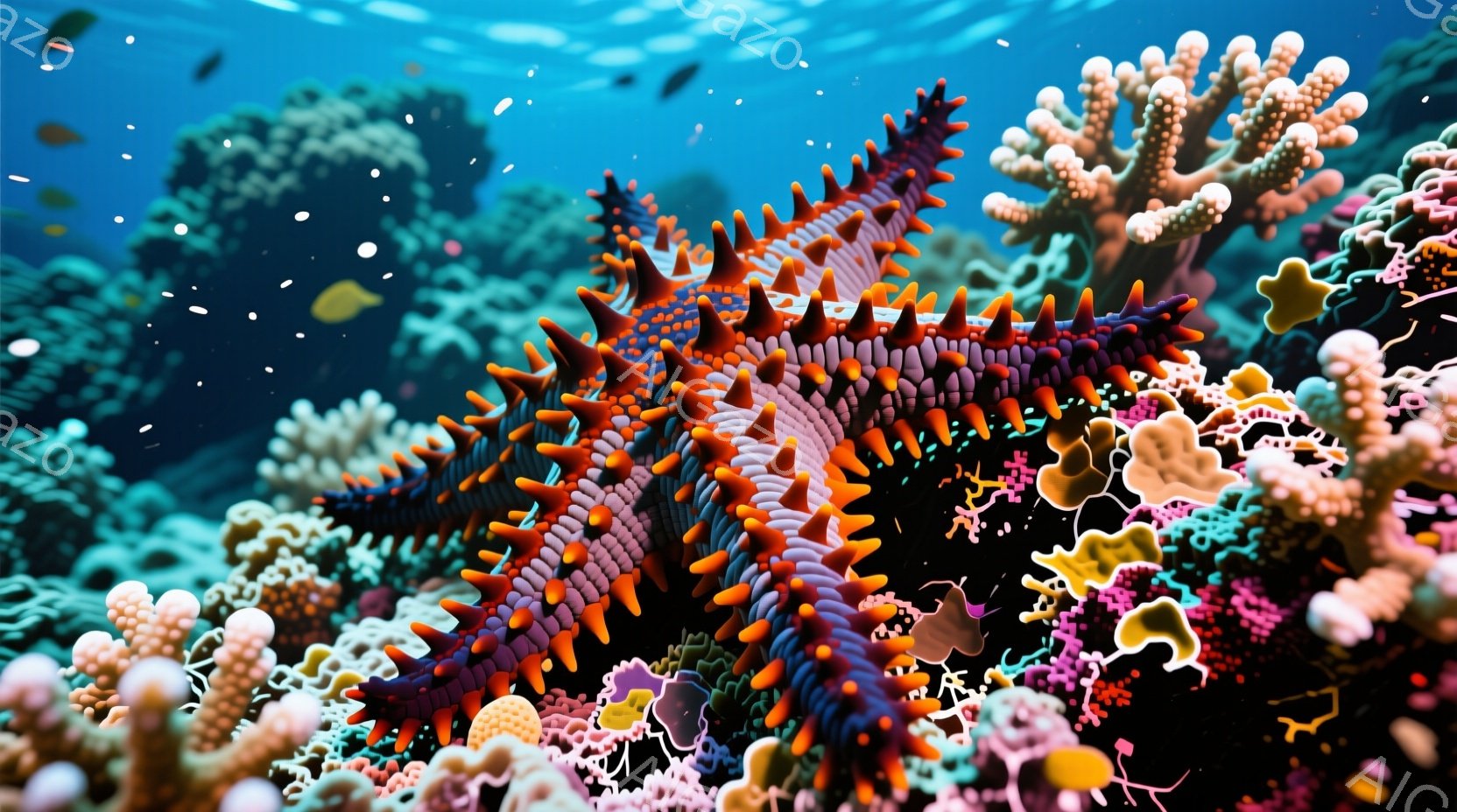 鮮やかなサンゴ礁が広がり、紫とオレンジ色のイソギンチャクが中央に大きく存在感を放っている。背景には様々な色のサンゴが密集し、水中に漂う小さな魚たちが点在している。全体的に色彩豊かで、生命力にあふれる海 - AI生成フリー素材