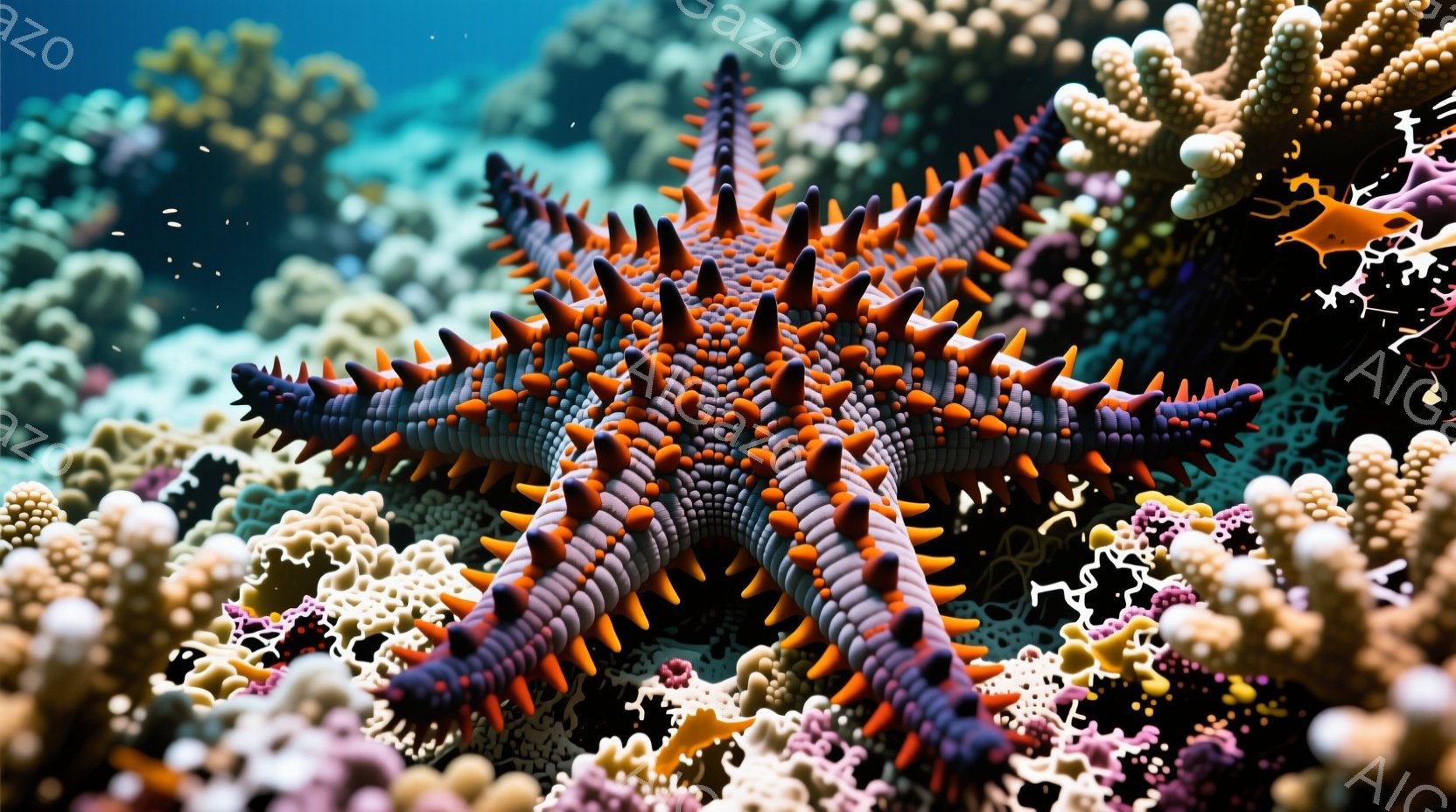 鮮やかなオレンジと紫色の星形の一種が、珊瑚礁の中に存在している。鋭い棘が特徴的で、その周囲には白やピンクの柔らかい珊瑚が密集している。背景は水中で、光が差し込み、全体的に幻想的で活気のある海洋環境を表現している。
