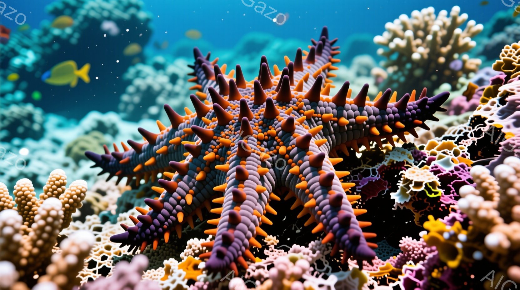鮮やかな珊瑚礁の中に、紫とオレンジの縞模様を持つ星形のヒトデが中央に位置しています。ヒトデの棘は鋭く、周囲には様々な色と形の珊瑚が密集しており、色彩豊かな水中世界が広がっています。水は澄んでおり、光が - AI生成フリー素材