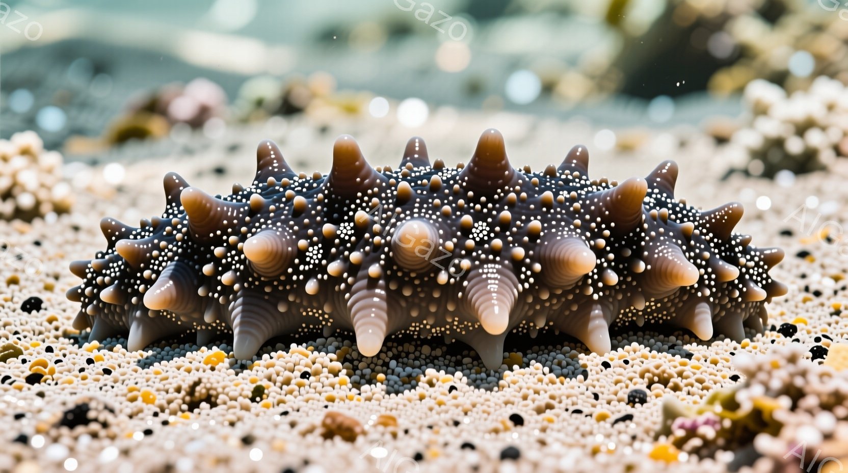 砂浜の上にいるイボイノシシのような海生生物が写っている。その体は茶色と白の模様が特徴で、表面には丸い突起がびっしりと並んでいる。背景は細かい砂と貝殻で構成され、浅い水中の様子が伺える。