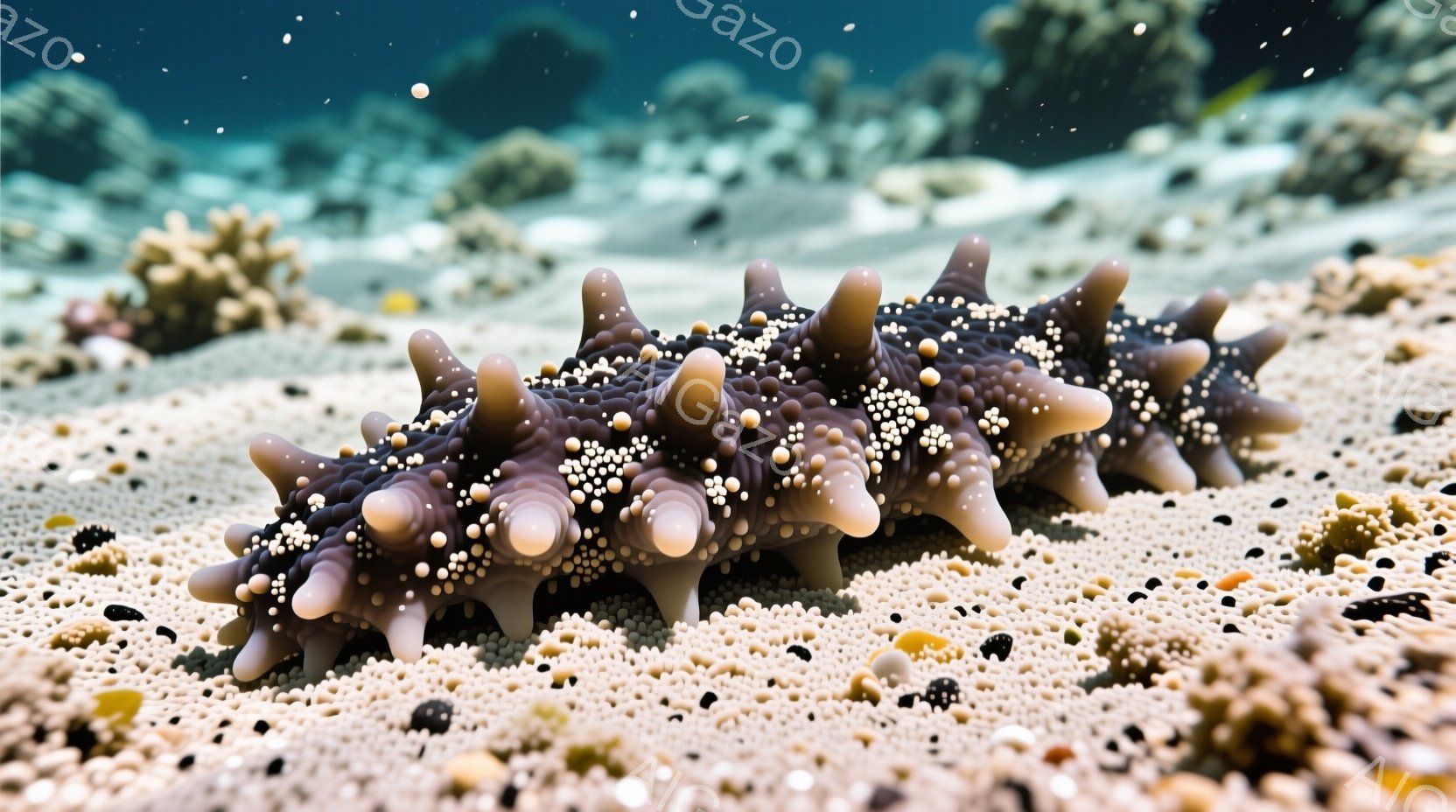 海底の砂の上に、黒と白の斑点を持つ、イボイボとした奇妙な生き物（おそらくナマコ）が横たわっています。周囲には小さな貝殻や砂が散らばり、ぼやけた背景には、白い珊瑚礁のようなものがわずかに見えます。 全体的に、海底の世界の神秘的で静かな雰囲気が漂っています。