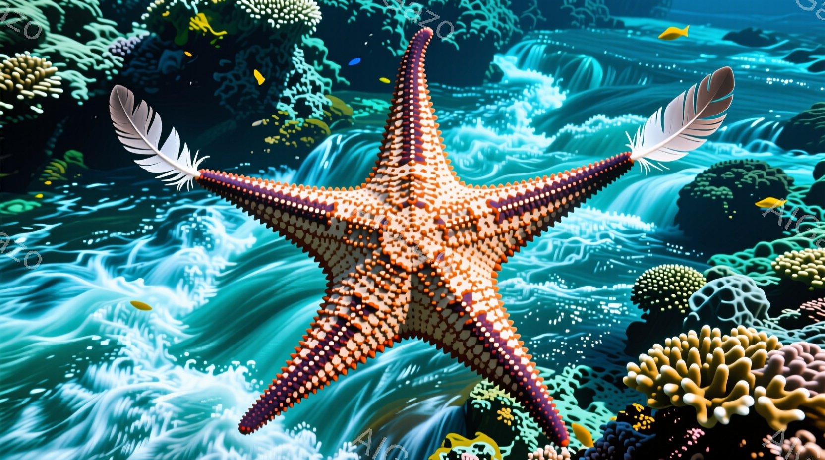 深い青色の海中に、オレンジと紫色の星形の生き物が、まるで翼が生えているかのように広がり、まるで空を飛んでいるかのような幻想的な姿を見せています。周囲には、様々な色の珊瑚礁が密集し、水中に漂う光が幻想的な雰囲気を醸し出しています。全体的に、鮮やかでファンタジーのような、水中世界の神秘的な光景が広がっています。