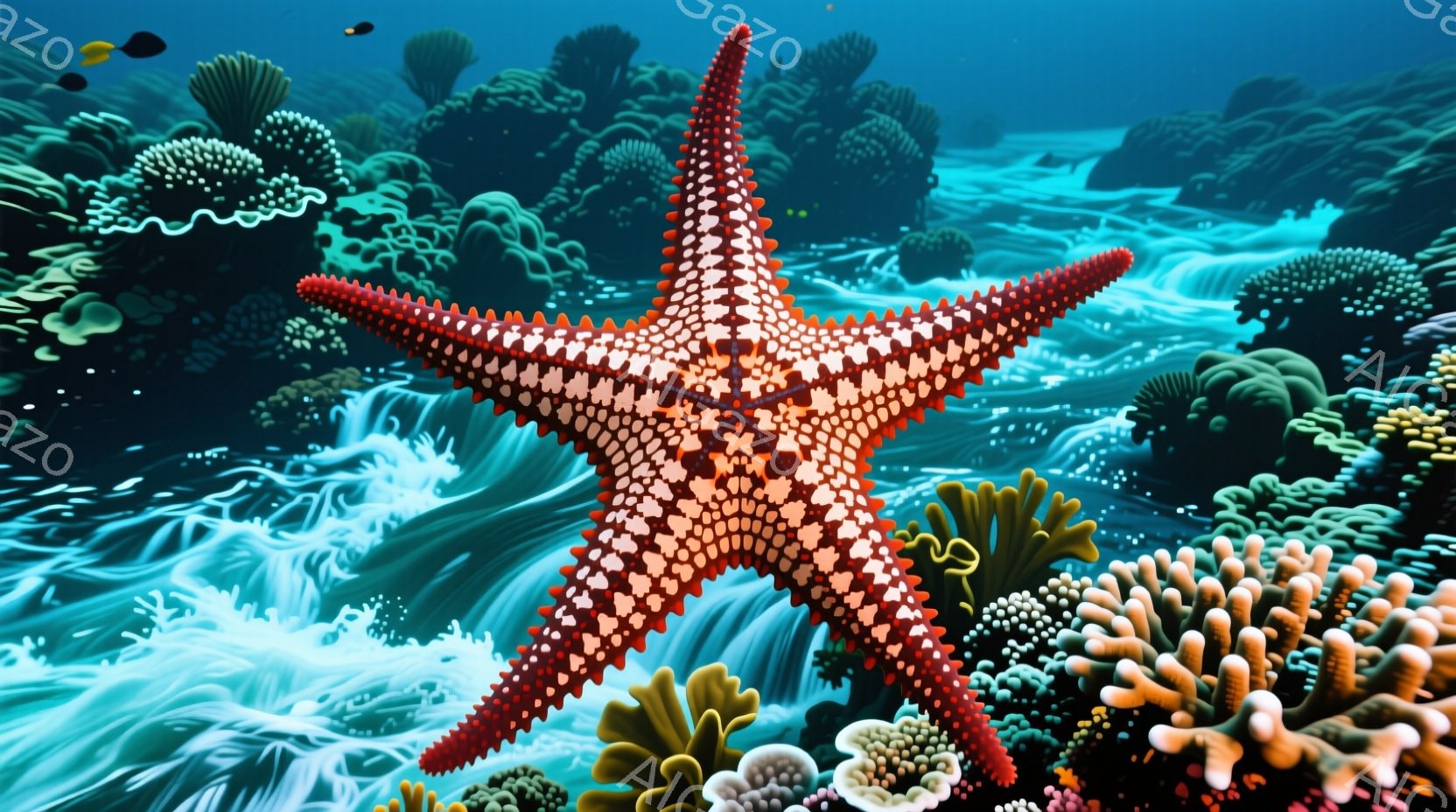 鮮やかな赤いヒトデが、複雑な模様を浮かび上がらせながら、青い海中に浮かんでいる。周囲には様々な色とりどりのサンゴ礁が密集し、水流が渦を巻いて、幻想的な水中の風景を作り出している。全体的に生き生きとした色彩と動きのある構図で、生命力あふれる海の息吹を感じさせる。
