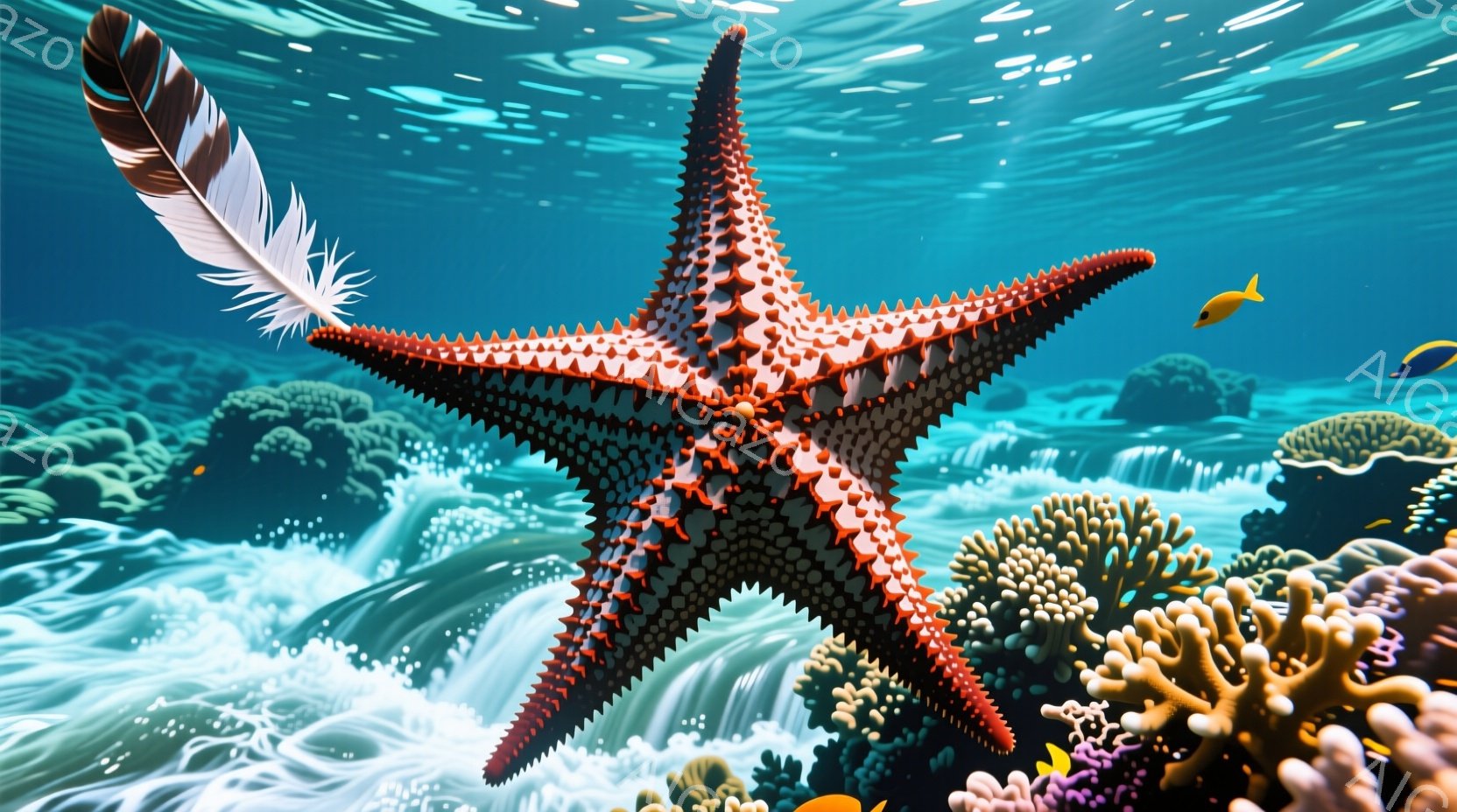 明るい青色の海中に、鮮やかな赤いヒトデが大きく広がっています。周りには様々な珊瑚礁が密集しており、小さな熱帯魚が数匹泳いでいます。光が水面を通して差し込み、幻想的で穏やかな雰囲気を作り出しています。