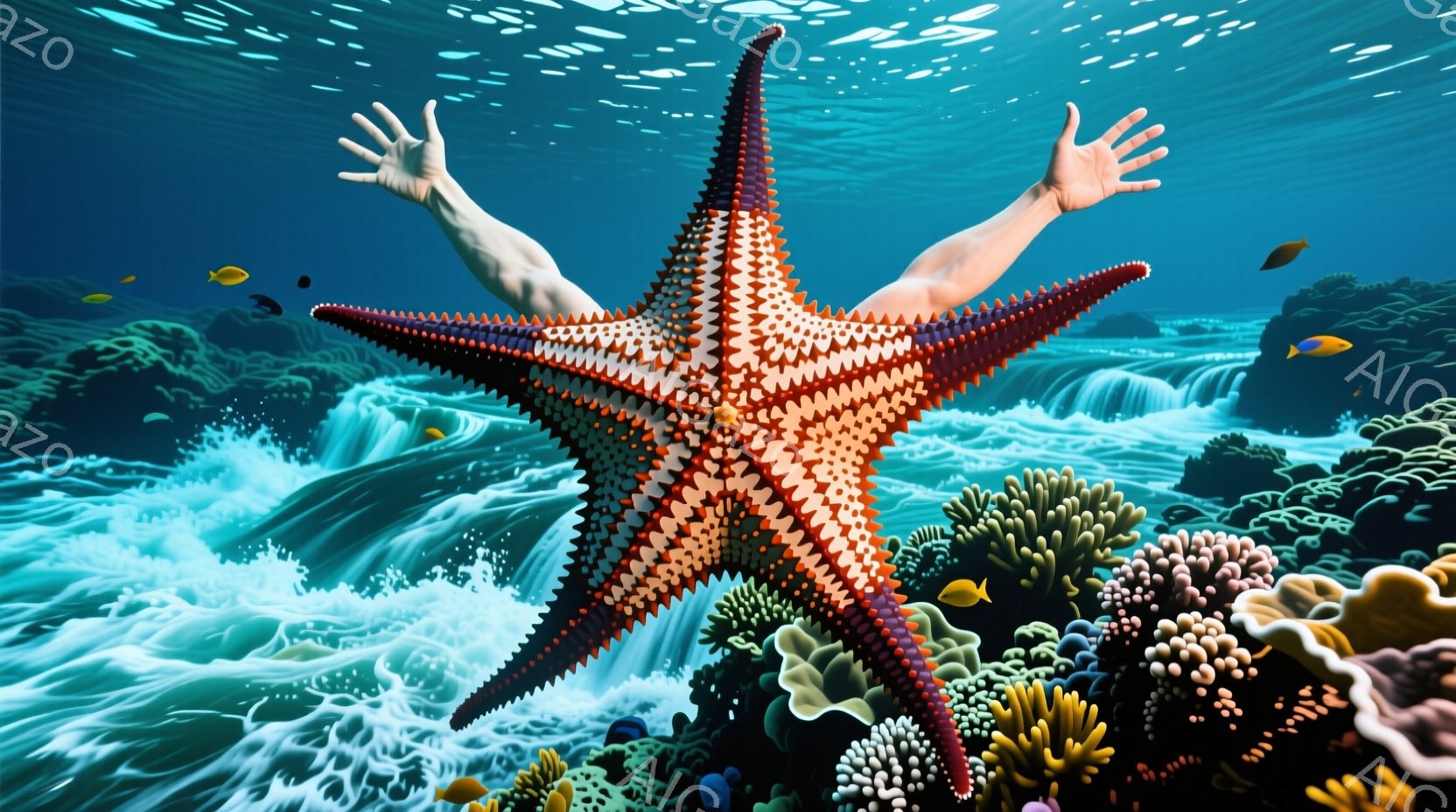 巨大な赤いヒトデが画面の中央に位置し、その下には珊瑚礁が広がっています。水中に腕を広げている人物の姿も見え、背景には水流と熱帯魚が確認できます。全体的に鮮やかで幻想的な雰囲気で、深海にいるような感覚を覚えます。
