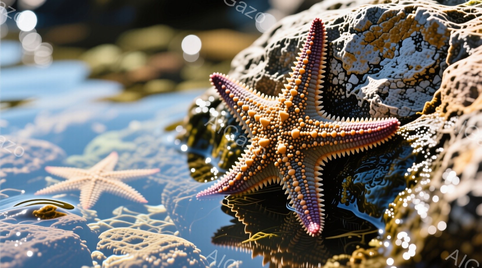 岩場で数匹のヒトデが水中に浮かび、太陽光が水面で反射してキラキラと輝いている。紫色のまだら模様のヒトデが特に目を引き、周りの茶色い岩や海藻とコントラストをなしている。全体的に、穏やかで静謐な海の様子が - AI生成フリー素材