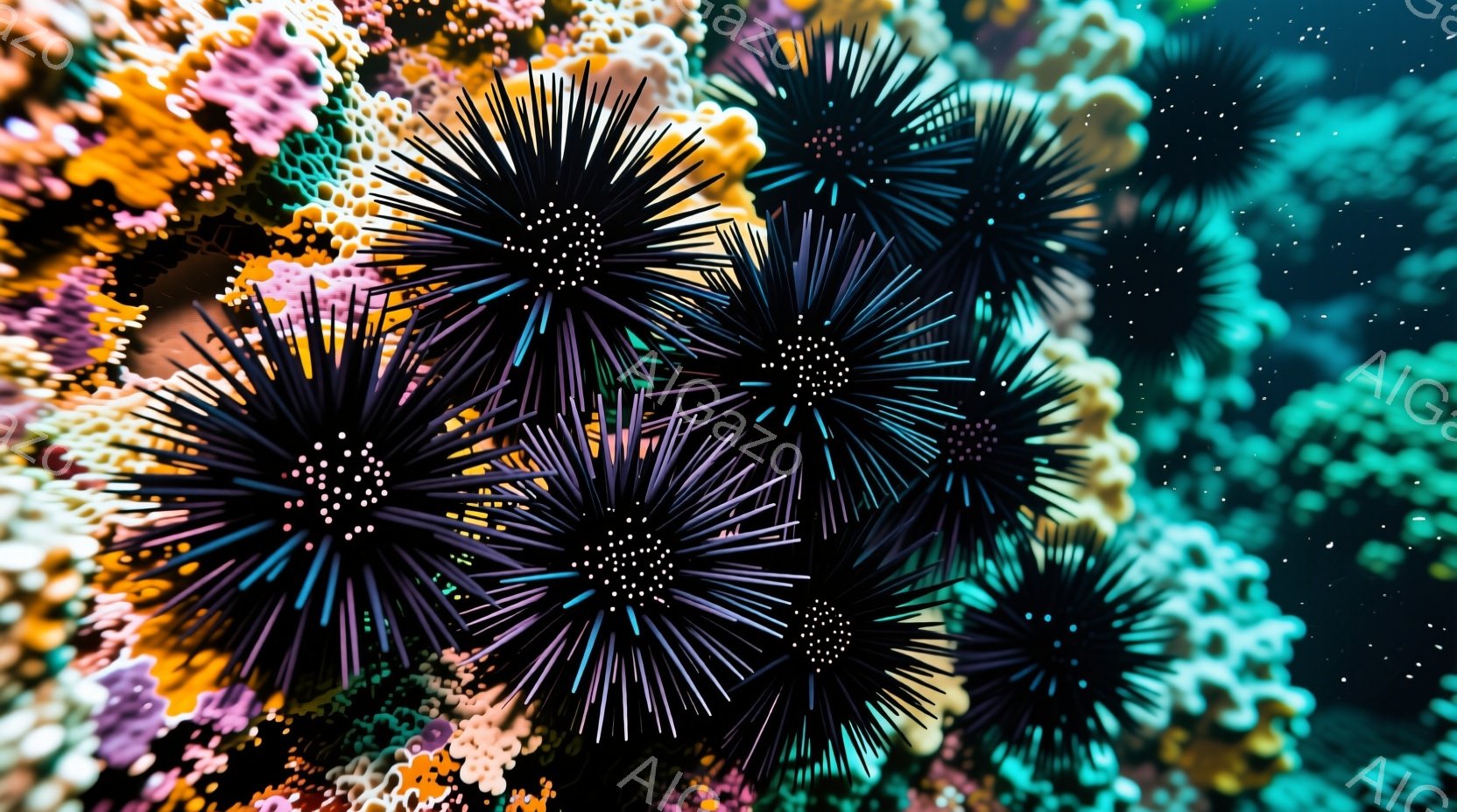 鮮やかな珊瑚礁の中に、黒い棘を持つウニが複数密集している様子が写っている。ウニは星形をしており、棘が四方八方に広がっているため、まるで黒い花束のようにも見える。背景は、ピンク、オレンジ、黄色の珊瑚で彩 - AI生成フリー素材
