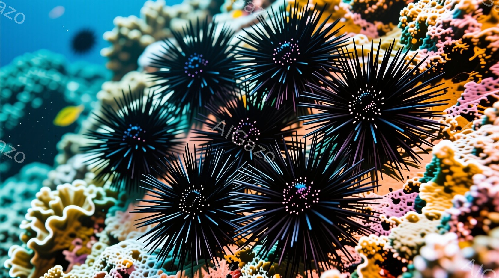 鮮やかな珊瑚礁の中に、黒くて棘のあるウニが複数密集して写っている。珊瑚はピンク、オレンジ、白など様々な色で彩られ、ウニとのコントラストが印象的だ。全体的に色彩豊かで、海中の生命の活気に満ちた様子が伝わ - AI生成フリー素材