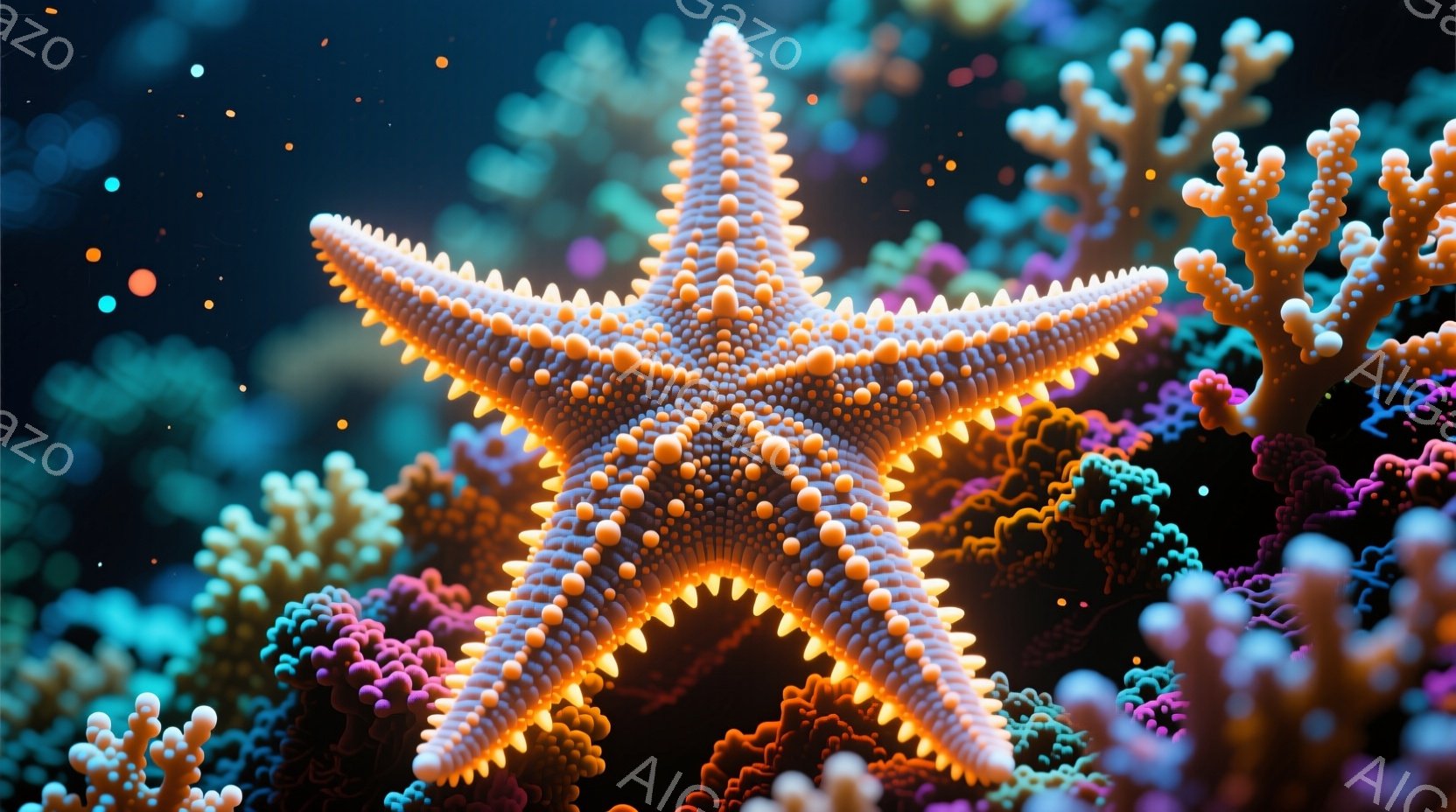 鮮やかな色彩のサンゴ礁の中に、オレンジ色の星型のヒトデが浮かび上がっています。ヒトデは光を帯びており、周囲のサンゴとのコントラストが美しいです。背景は暗い深海を思わせる黒であり、全体的に幻想的で神秘的 - AI生成フリー素材