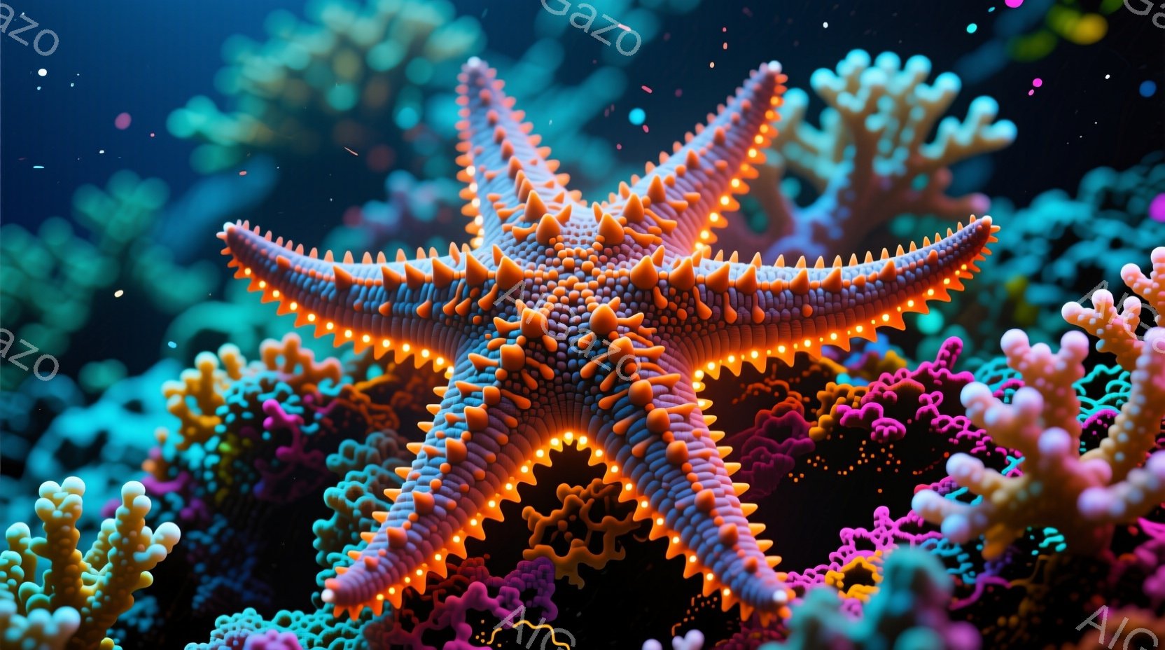 鮮やかなオレンジ色のヒトデが、暗い背景のサンゴ礁の中で光り輝いている。ヒトデの棘は細かく、縁取りのように明るく光っているのが特徴的で、周囲にはピンクや水色のサンゴが密集している。全体的に幻想的で、深海 - AI生成フリー素材