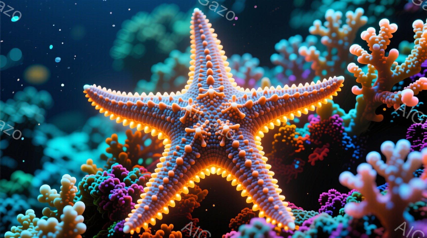 深い青色の背景に、オレンジ色に光る巨大なヒトデが浮かび上がっています。ヒトデの周囲には、ピンクや紫色のサンゴ礁が密集しており、まるで水中庭園のような幻想的な光景を作り出しています。 全体的に、暖かく神 - AI生成フリー素材