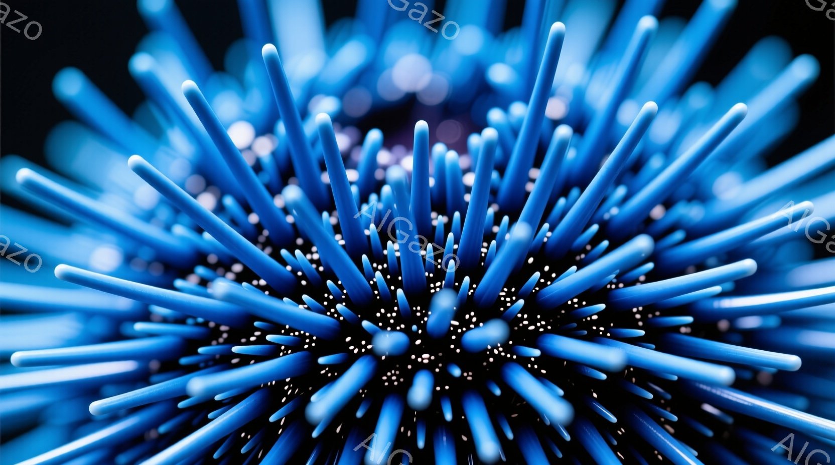 鮮やかな青色の細長い棒状のオブジェクトが無数に密集し、中心に向かって放射状に広がっている様子が捉えられています。これらの棒は均一な長さと太さで、光沢があり、金属的な質感を示唆しています。黒色の背景とのコントラストが強く、まるで海中の生き物や抽象的なエネルギーのような印象を与えます。