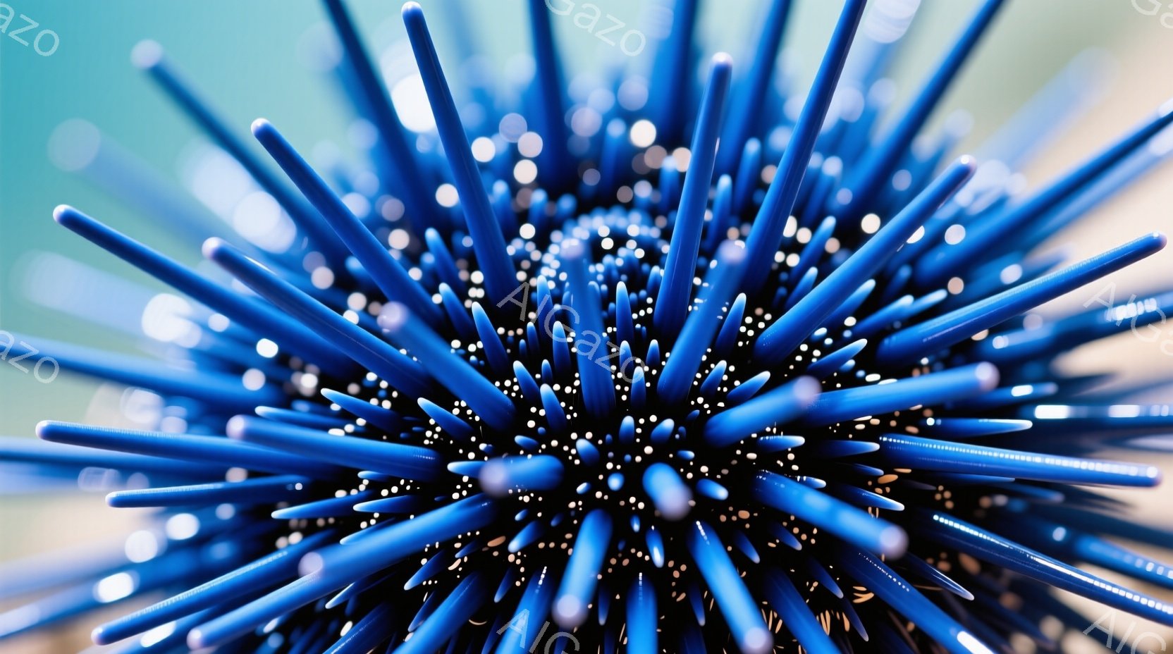 鮮やかな青色の針のような突起が無数に密集し、海胆（うに）のような形状を呈している。背景はぼやけており、光の反射がわずかに見えることから、水辺または明るい場所で撮影されたと推測される。全体として、視覚的に印象的で、どこか神秘的な雰囲気を漂わせている。