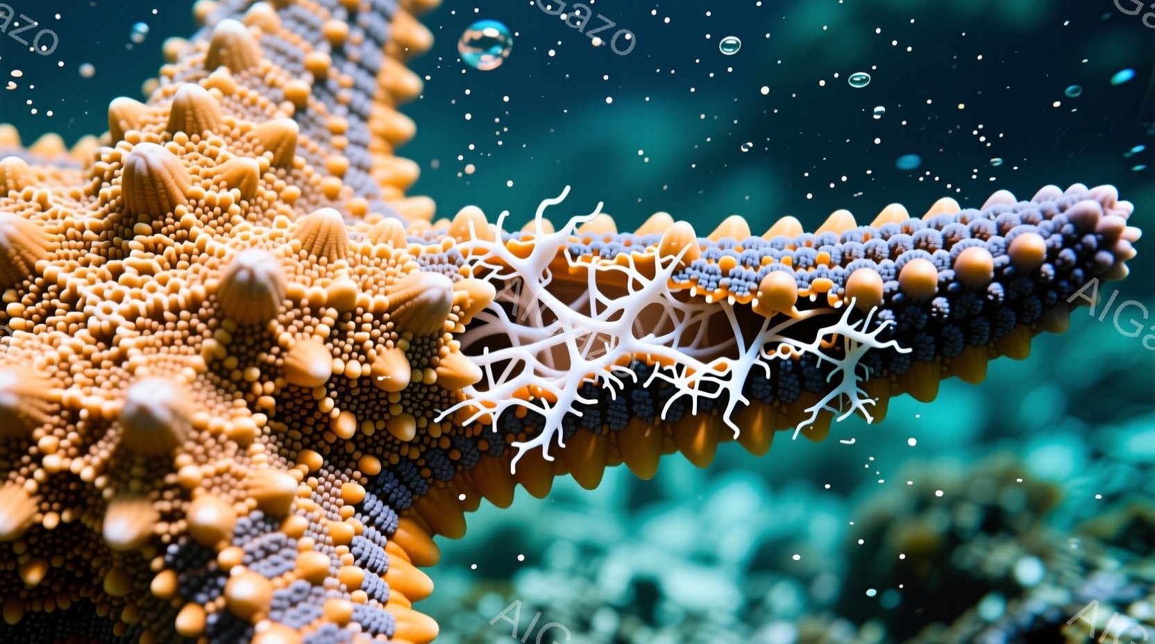 鮮やかなオレンジと白のイソギンチャクが、濃い青色の海中に浮かんでいる。その姿は繊細で、多数の触手が優雅に広がり、まるで花びらのように見える。背景はぼやけた青色で、水中の浮遊物が見られ、静かで神秘的な雰囲気を醸し出している。