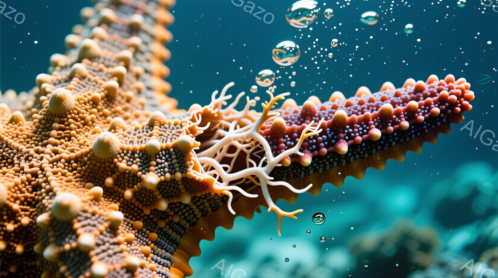 鮮やかなオレンジと紫色のイボイボした海星が、ターコイズブルーの海中で捉えられています。海星の腕には白い触手が伸びており、まるで花びらのように広がっています。背景はぼやけており、小さな気泡が漂うことで、神秘的で穏やかな海洋の雰囲気を醸し出しています。