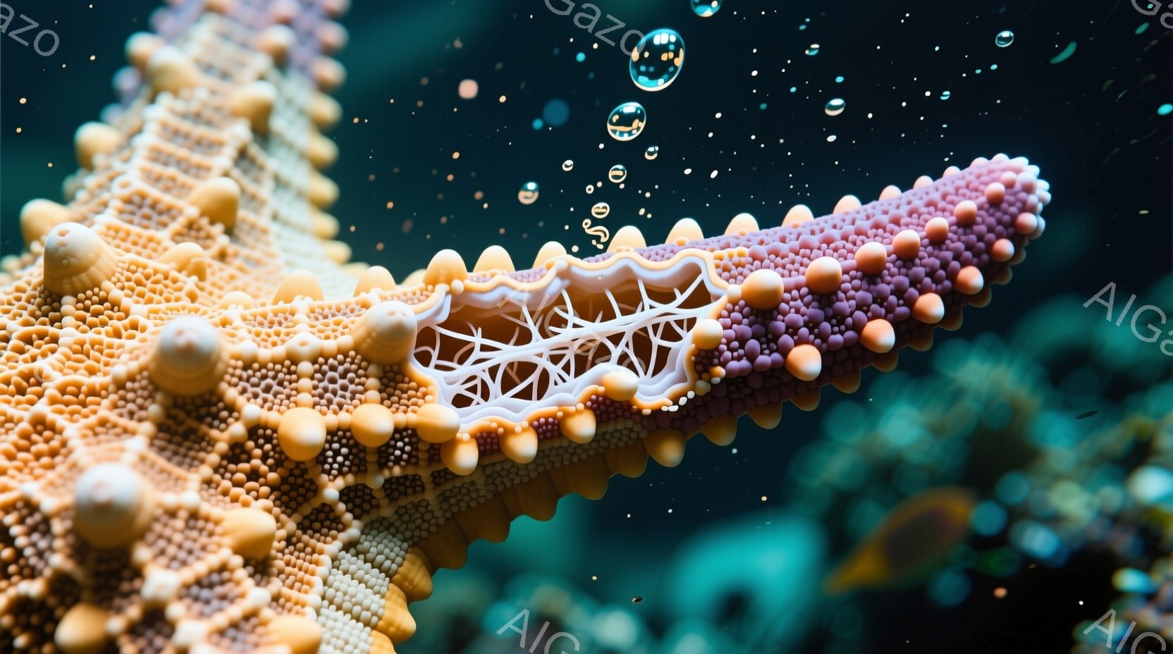 鮮やかなオレンジと紫色の星形の生き物（おそらくヒトデ）が、濃い青色の海中に浮かんでいる。その表面は小さな突起で覆われ、複雑な模様が特徴的で、まるで彫刻のような美しさがある。背景にはぼやけた緑色の海藻や - AI生成フリー素材