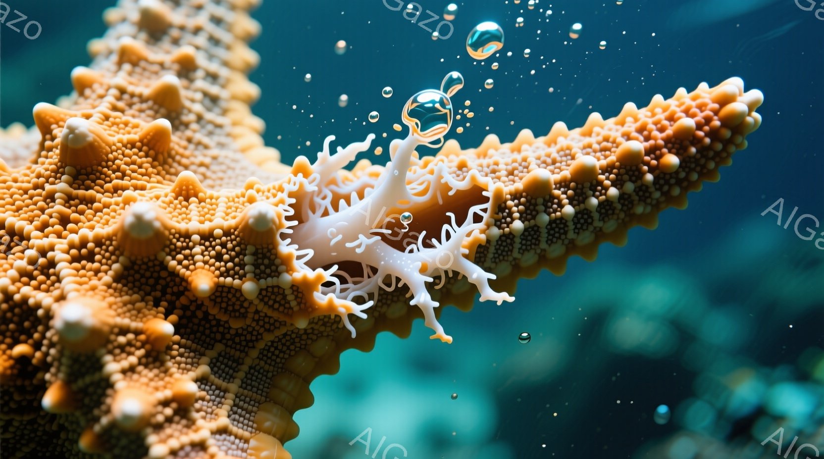 明るいオレンジ色のイソギンチャクが青い海中に浮かび、触手が優雅に漂っている。微細な水滴が周囲に散らばり、水中という幻想的な雰囲気を強調している。背景はぼやけており、イソギンチャクが主な焦点となっている。