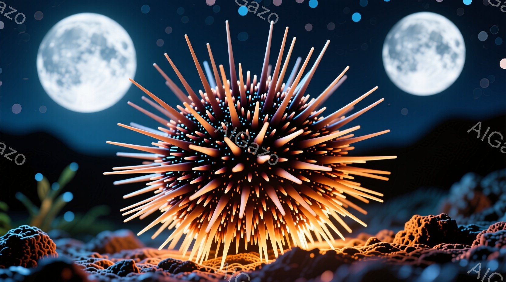 鮮やかなオレンジ色と黄色の棘を持つユニークな生物が、暗い背景に浮かび上がっています。周りには、濃い青色の岩のような地形が広がり、遠くにはぼんやりとした２つの満月が光を放っています。全体的に、幻想的で神秘的な雰囲気の、深海を思わせるイメージです。