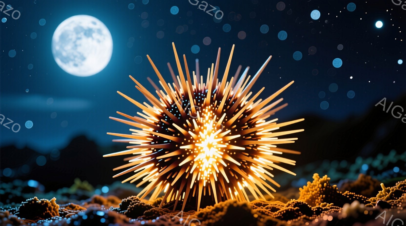 深い青色の背景に、輝くオレンジ色のウニが描かれています。ウニは鮮やかな光を放ち、周囲の茶色の珊瑚礁の上に位置しています。背景にはぼやけた山々と、小さな光の粒子が散りばめられた夜空が広がっており、神秘的 - AI生成フリー素材