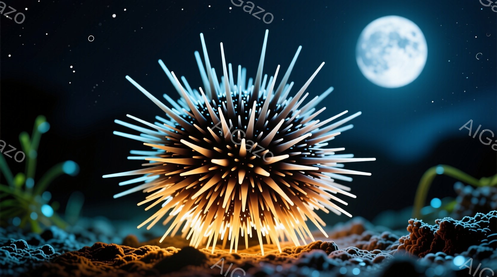 暗い海底を照らすように、光り輝くウニが描かれている。周囲には茶色い岩や緑色の海藻が点在し、背景にはぼんやりとした月の光が差し込んでいる。全体的に神秘的で幻想的な雰囲気を醸し出している。 - AI生成フリー素材