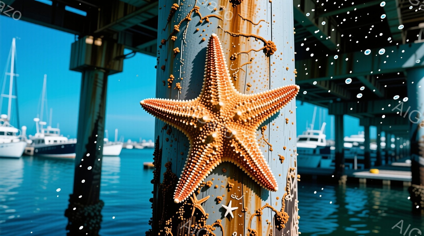 桟橋の柱に、オレンジ色のヒトデが複数、まるで装飾のように貼り付いています。背景には青い海と、停泊しているヨットが並び、晴れた空の下、穏やかな海上の様子が広がっています。柱には、小さな貝殻も点在し、海辺の自然を感じさせる、鮮やかで穏やかな雰囲気です。
