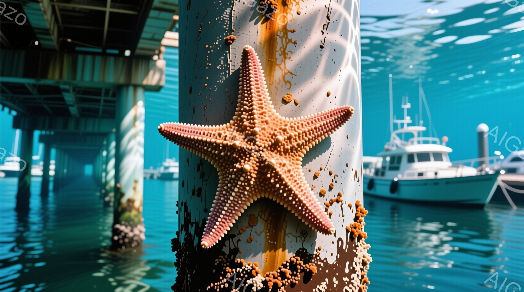 海中の柱にオレンジ色のヒトデが張り付いている様子が写っている。柱には様々な海洋生物が付着しており、水面には波紋が広がり、背景にはヨットや船が見える。全体的に穏やかで、海洋の生命力と静けさを感じさせる写真である。