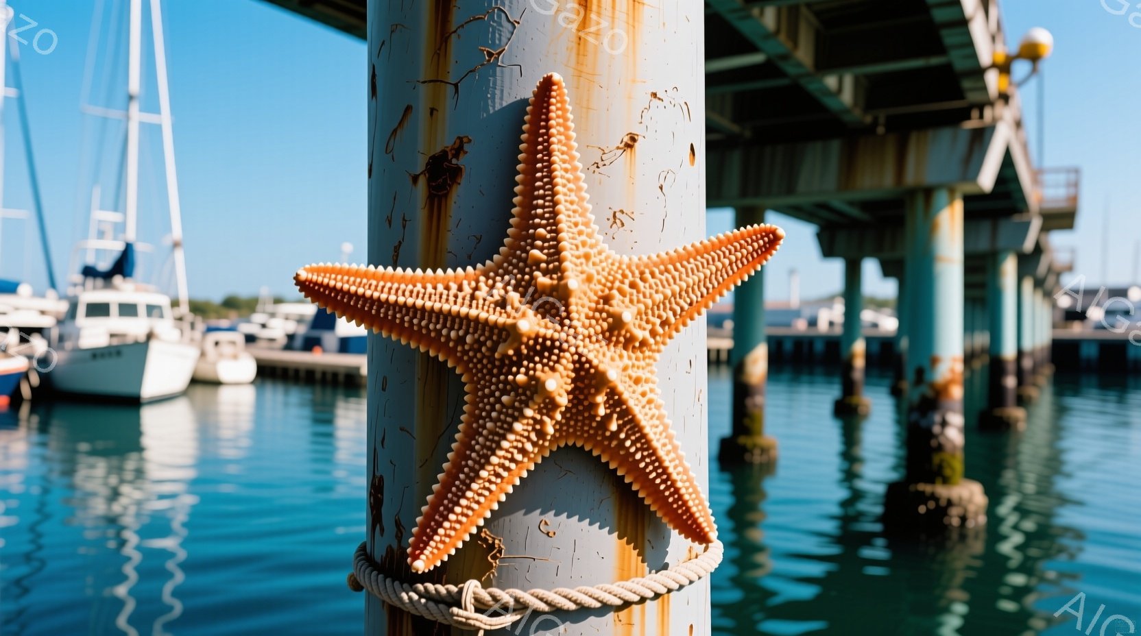 錆びた柱にオレンジ色のヒトデが張り付いており、その周りを古びたロープが巻き付けています。背景には青い海と、停泊している白いヨット、そして柱が連なる桟橋が見えます。晴天の下、穏やかな海とヒトデのコントラストが、どこか懐かしい夏の日の雰囲気を醸し出しています。