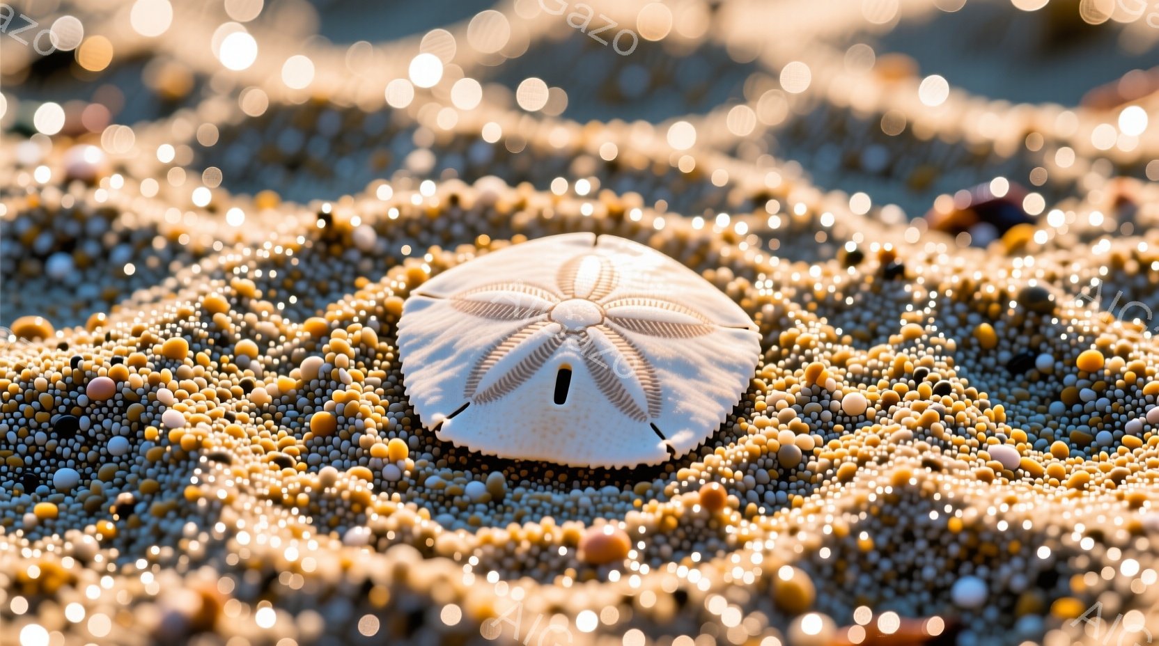 白い砂ドルが、大小さまざまな貝殻や砂粒が敷き詰められた海岸に横たわっている。光が貝殻や砂粒に反射し、キラキラと輝き、暖かい雰囲気を醸し出している。背景はぼやけており、海岸の砂浜と光の玉が確認できる。 - AI生成フリー素材