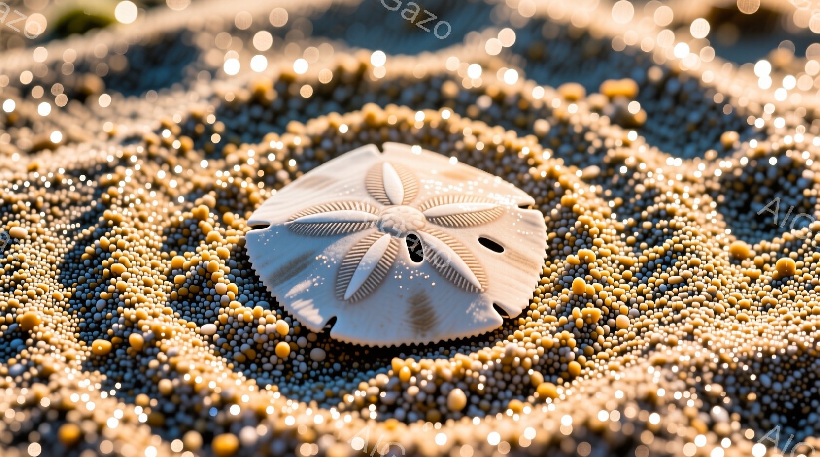 白い砂浜に、海月の殻が一つ置かれている。殻は放射状に細かい溝が刻まれ、繊細な模様が特徴的だ。背景には、細かい砂と貝殻が散らばり、明るい光が反射してキラキラと輝いている。 - AI生成フリー素材