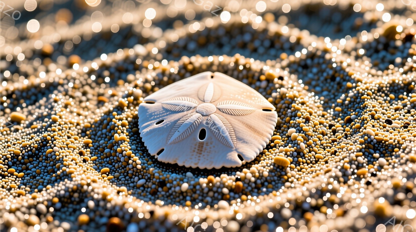 白い砂浜の上に、特徴的な模様を持つ砂ドルが置かれています。周囲には大小さまざまな貝殻や砂が散らばり、太陽光が反射してキラキラと輝いています。全体的に暖かく、穏やかな夏の日の海岸の雰囲気が漂います。 - AI生成フリー素材