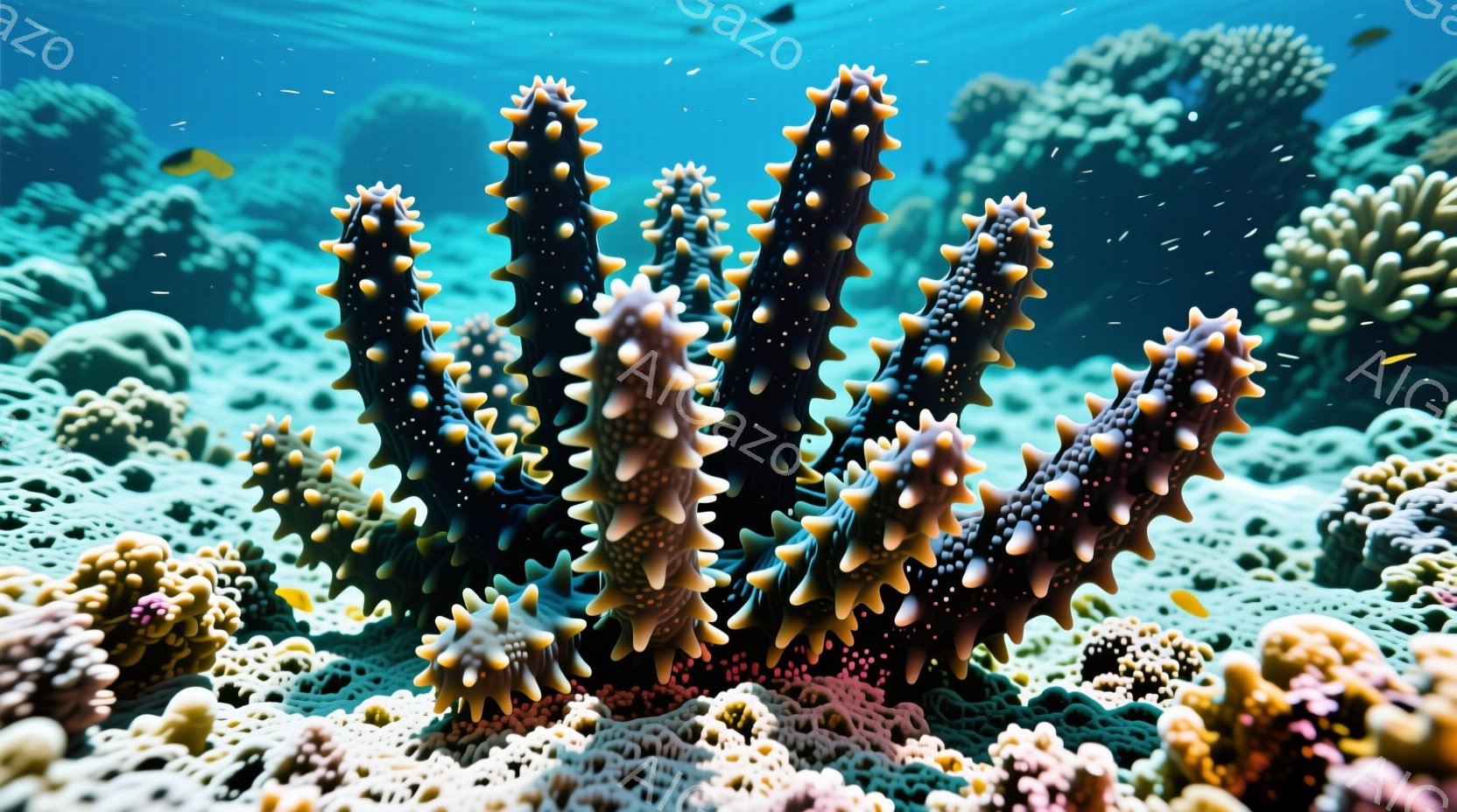 海の中にある多様な紫・黄・緑色のサンゴや海草が集中的に存在する、美麗で未来的なアンダーウォーター景色を表しています。 水中の小さな浮き物（クラゲ）と深海魚が見られます。 私はこのような画像を見ると、自然の美しさやその多様性に勇気をもらい、それが未来の海洋保護につながる可能性を持つことを思い出すでしょう。