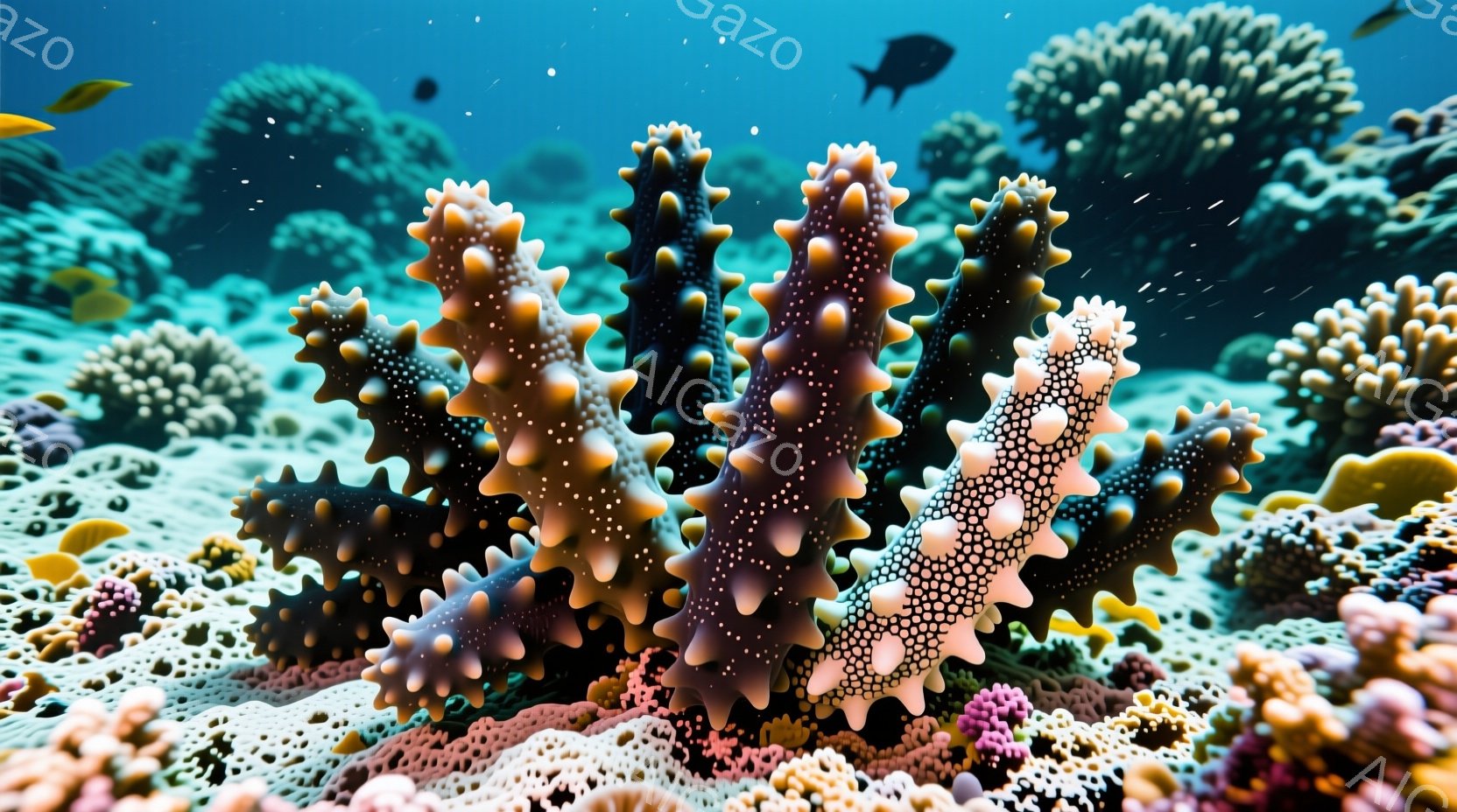 鮮やかな珊瑚礁の中にいる、紫色のまだら模様のイソギンチャクの群れを描いています。イソギンチャクは、繊細な触手で覆われた球状の体を持っており、光が当たると輝きを放っています。背景には、さまざまな形状と色の珊瑚、そして小さな魚が点在し、穏やかで幻想的な水中世界が広がっています。