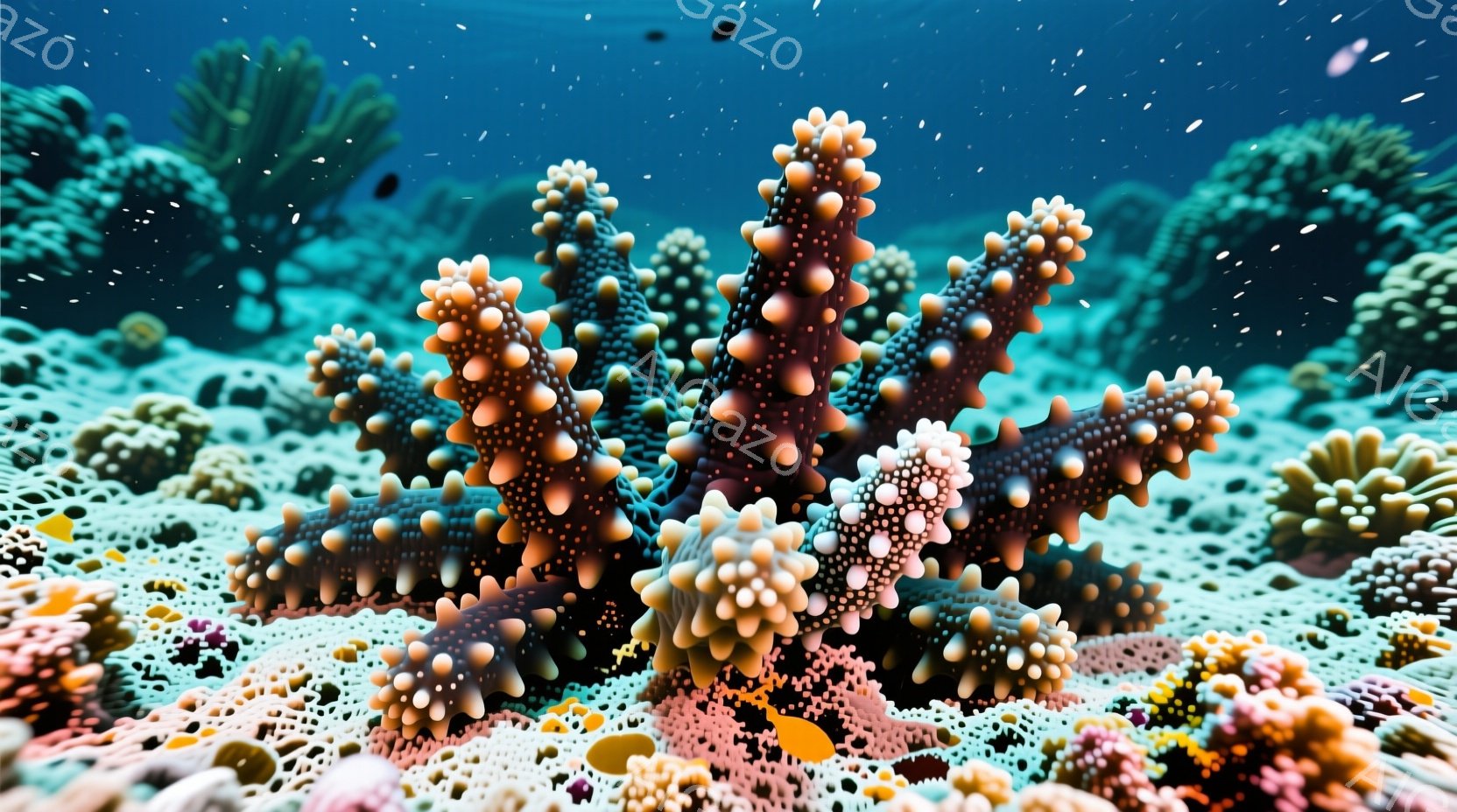 鮮やかな色彩の海中世界を捉えたものです。特徴的なのは、中央に位置する、紫と白の斑点模様を持つユニークなヒトデで、周囲にはピンクや白のサンゴが密集しています。全体的に明るく、生命力に満ちた雰囲気で、海底 - AI生成フリー素材