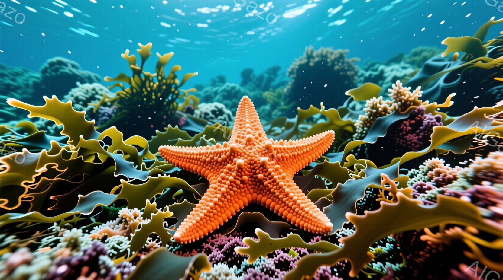 鮮やかなオレンジ色のヒトデが、複雑な形状の海中植物に囲まれて中心に配置されている。周囲には、ピンクや紫、黄色のサンゴ礁が密集し、光が差し込むことで幻想的な雰囲気を醸し出している。全体的に暖色系の色彩が - AI生成フリー素材