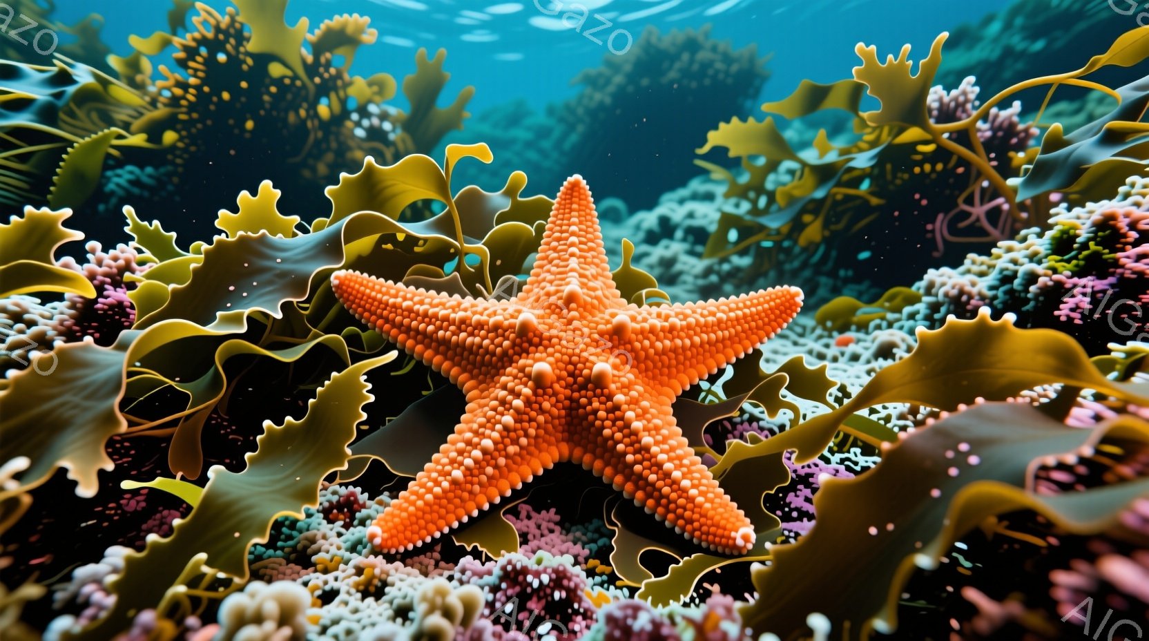 鮮やかなオレンジ色のヒトデが、白い、緑がかった、ピンクがかった海中植物の中に浮かんでいる。背景はぼやけており、水中に漂う小さな光の粒子が見え、全体的に穏やかで神秘的な雰囲気を醸し出している。この画像は - AI生成フリー素材