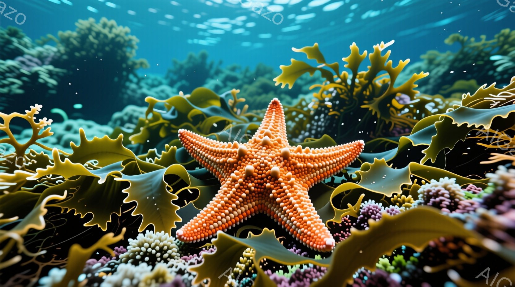 明るいオレンジ色のヒトデが、様々な色合いのサンゴ礁の中に浮かんでいます。 周囲には茶色や黄色の海藻が密集し、水中に光が差し込んで幻想的な雰囲気を醸し出しています。 全体的に鮮やかで活気があり、穏やかな - AI生成フリー素材