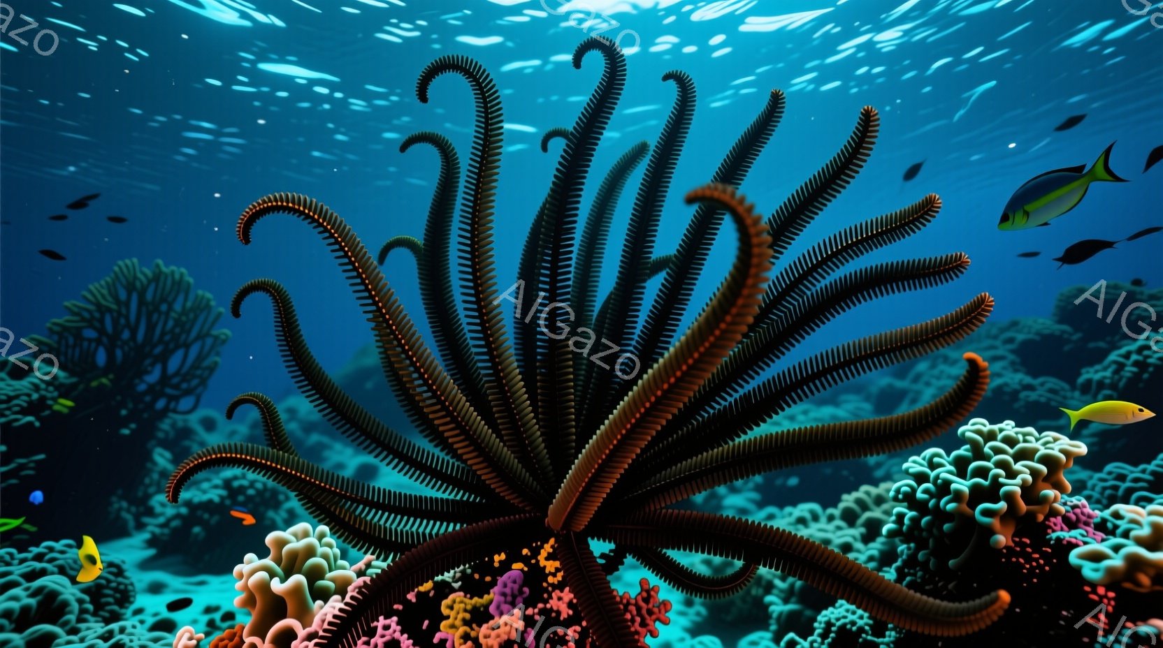 深い青色の海中に、茶色と黒色の巨大なウミユリが咲き誇っている。鮮やかなピンクや白のサンゴ礁がウミユリの周りを彩り、背景には小さな魚の群れが漂っている。全体的に静かで神秘的な、深海の雰囲気が漂う。 - AI生成フリー素材