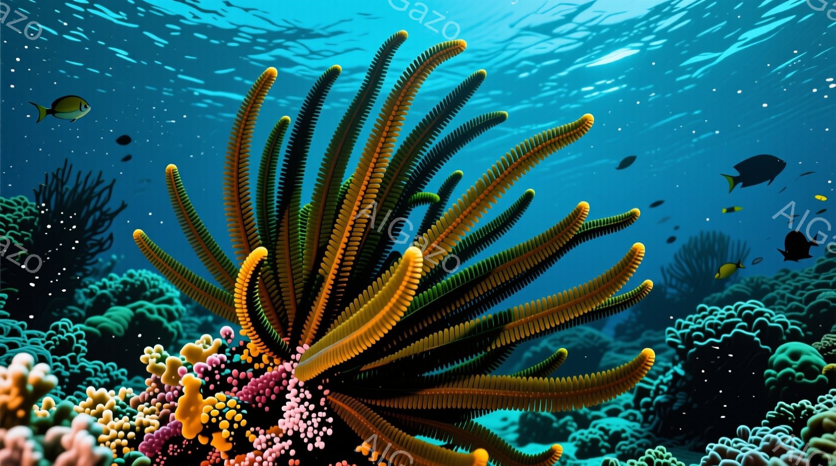 鮮やかなオレンジと黒の海中生物が画面中央に大きく広がっており、その周りにはピンクやオレンジ色の小さなサンゴ礁が密集している。背景には、様々なサイズのサンゴ礁が広がり、小さな魚たちが点在しており、水面からの光が差し込んでいる様子が表現されている。全体的に、深海に生息する生物たちの鮮やかな色彩と、静かで穏やかな雰囲気を感じさせる。