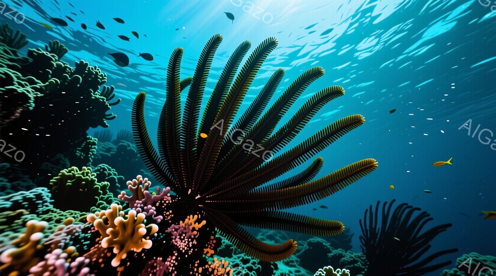 鮮やかな青色の海中に、ピンクやオレンジ色のサンゴ礁が広がり、その中に黒い海藻のような生物が複数存在している。光が差し込み、水中に漂う小さな魚たちがキラキラと輝き、神秘的な雰囲気を醸し出している。全体的 - AI生成フリー素材