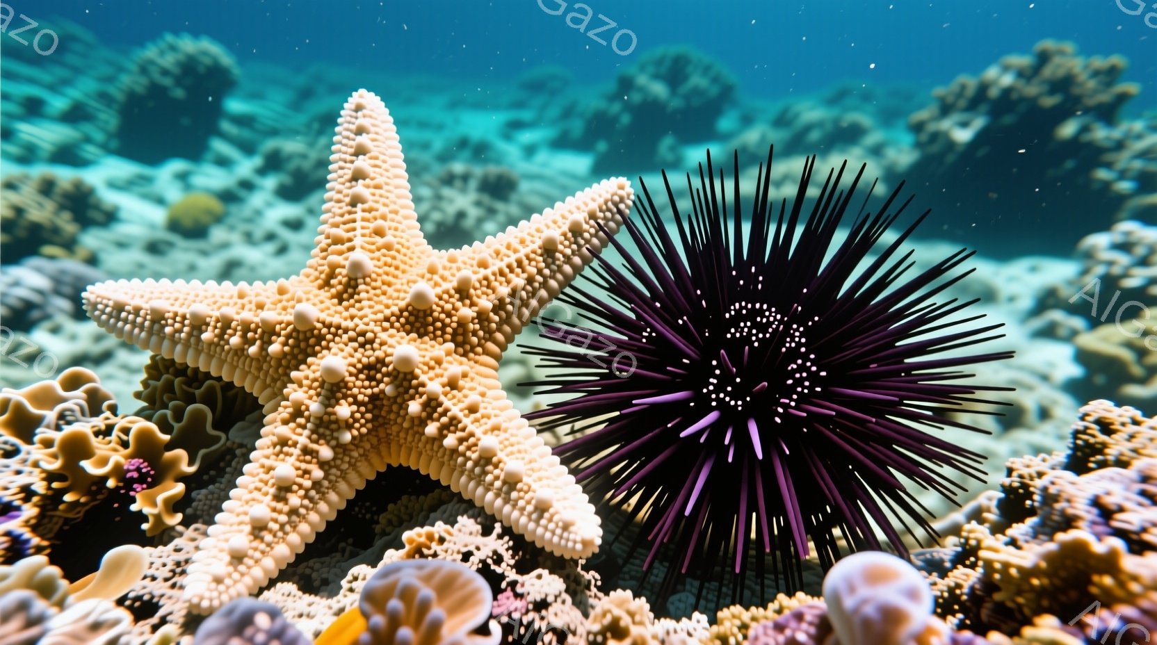 鮮やかな水中に、クリーム色の星形のヒトデと、紫色の棘を持つウニが並んで写っている。周囲には様々な色のサンゴ礁が広がり、水中の植物が密集して生い茂っている様子が捉えられている。全体的に明るく、穏やかな雰囲気で、海中の生命の息吹を感じさせる。