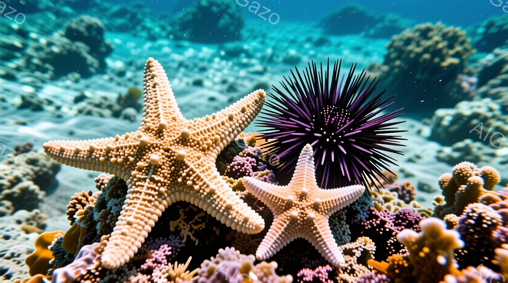 鮮やかな珊瑚礁の中に、2つの星型をしたヒトデと、棘だらけのウニが写っている。ヒトデは淡いクリーム色をしており、表面には細かい突起が見られる。背景には様々な色の珊瑚が密集しており、水中の光が差し込み、幻想的な雰囲気を醸し出している。
