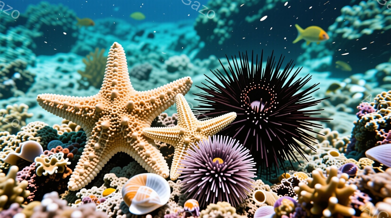 鮮やかな珊瑚礁の中に、大きなヒトデと2つのウニが写っています。ヒトデは淡いクリーム色で、表面には細かい突起があります。背景には、さまざまな種類の珊瑚や貝殻、そして水中に漂う小さな魚が見られ、全体的に穏やかで生命力あふれる雰囲気です。