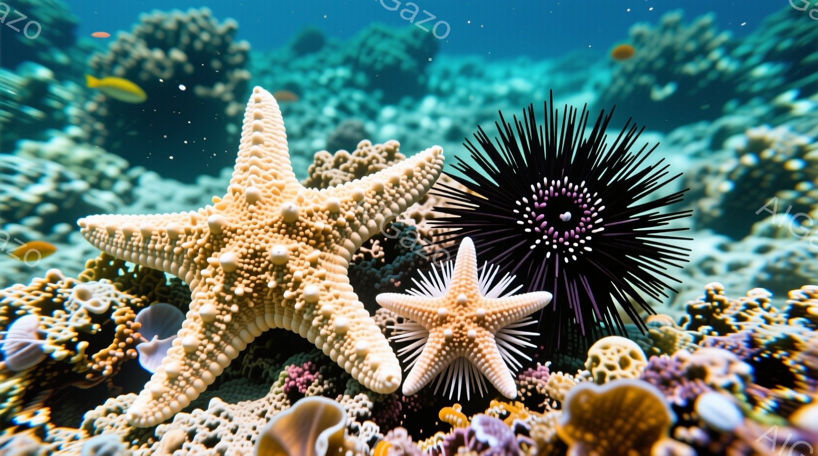 鮮やかな珊瑚礁の中で、2つのヒトデと1つのウニが描かれています。一方のヒトデは大きく、もう一方は小さく、どちらもクリーム色で、表面には細かい突起があります。背景には様々な色の珊瑚や小さな魚が見られ、水 - AI生成フリー素材