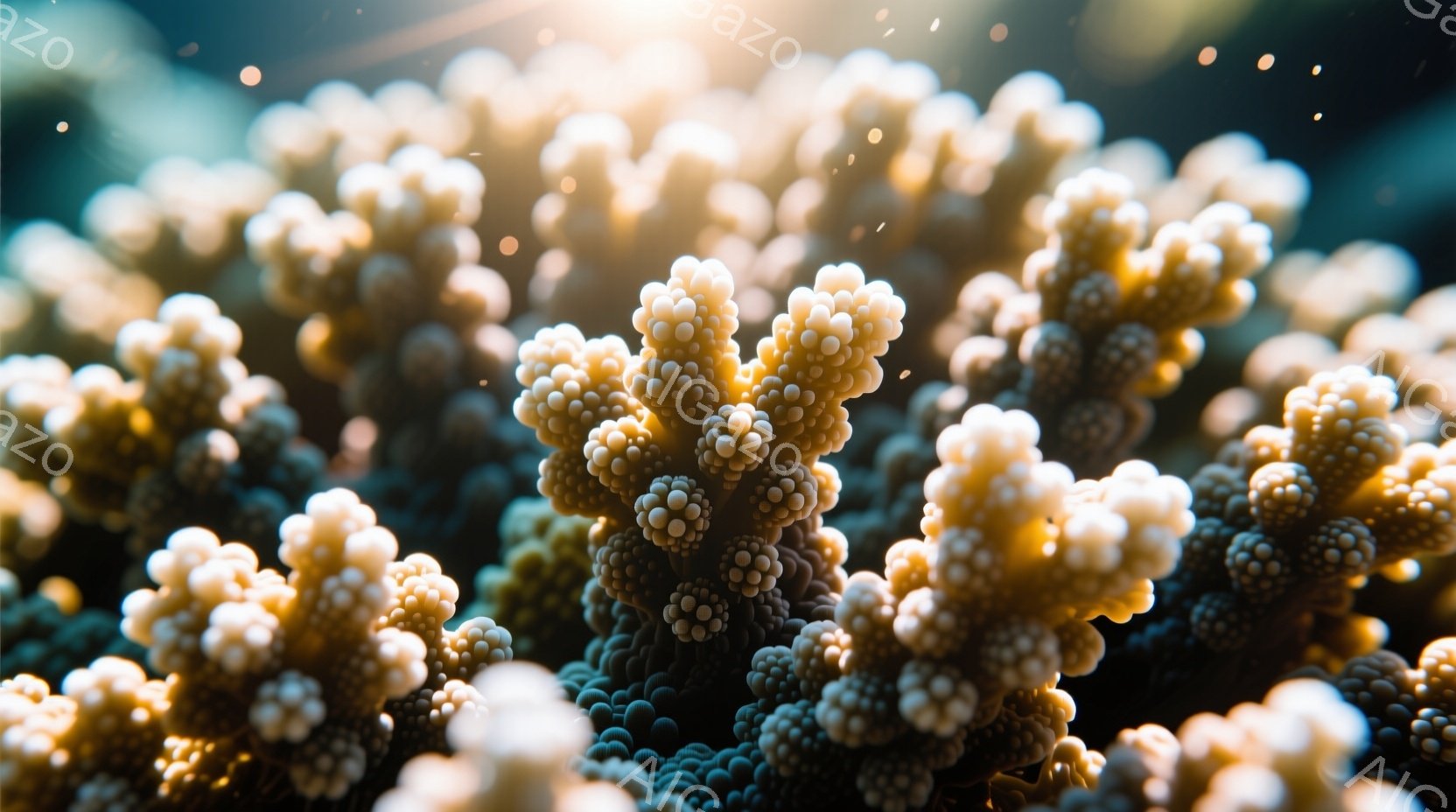 鮮やかな水中に咲き誇る珊瑚礁が写っている。小さな白い突起が密集し、複雑な構造を作り出している様子が詳細に捉えられている。背景は暗く、光が珊瑚礁を照らし、幻想的な雰囲気を醸し出している。