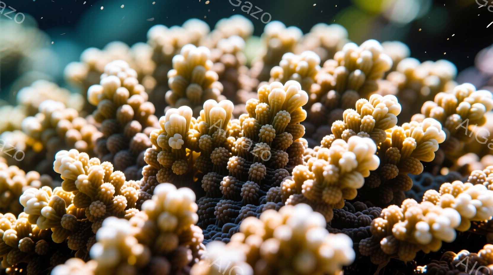 鮮やかな珊瑚礁が画面全体を埋め尽くしており、複雑な形状とテクスチャが目を引きます。それぞれのポリプが小さく丸みを帯びており、明るいベージュ色から黄色のグラデーションが美しいです。水中の光が珊瑚に差し込 - AI生成フリー素材